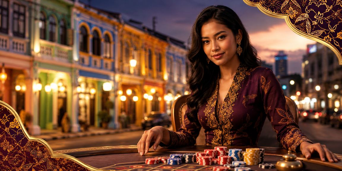 Meja Baccarat bergaya batik Penang dengan suasana VIP kasino Malaysia